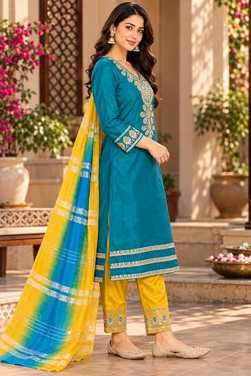 LIBOZA Women Kurta Pant Set with Dupatta Roman Glass Fabric-Teal