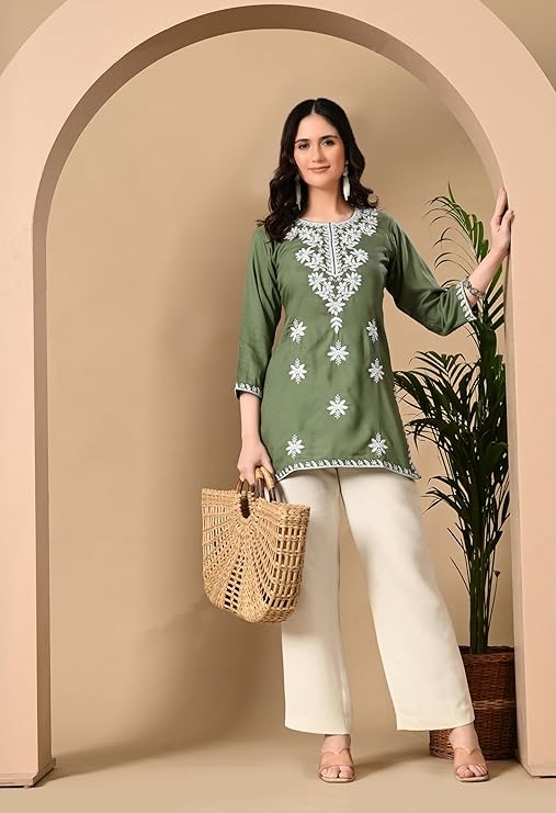 LIBOZA Women's Chikankari Embroidered Short Kurti, Rayon Fabric, Three-Quarter Sleeves, Available in Pink, Black, Mustard Yellow, White, Pista and Green