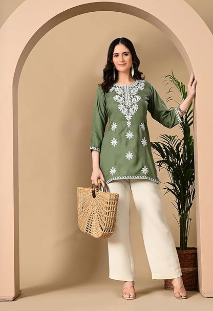 LIBOZA Women's Chikankari Embroidered Short Kurti, Rayon Fabric, Three-Quarter Sleeves, Available in Pink, Black, Mustard Yellow, White, Pista and Green