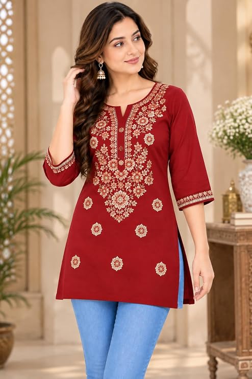 LIBOZA Kurti for Women - Short Chikankari Kurtis for Girls, Lakhnawi Red