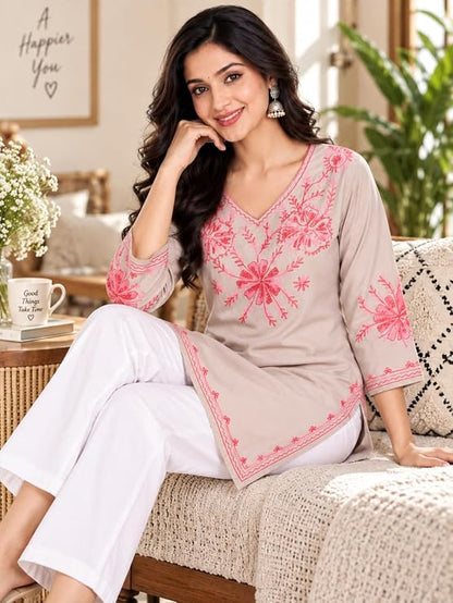 LIBOZA Embroidered Kashmiri Tunic Top, Short Kurti for Women on Jeans, V-Neck, 3/4 Sleeve, Floral Design,