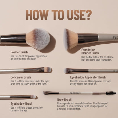 SWISS BEAUTY PROFESSIONAL FACE & EYE BRUSH SET - White 6 PIECE