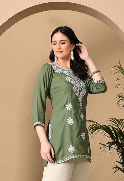 LIBOZA Women's Chikankari Embroidered Short Kurti, Rayon Fabric, Three-Quarter Sleeves, Available in Pink, Black, Mustard Yellow, White, Pista and Green
