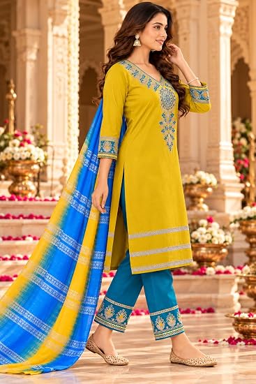 LIBOZA Women Kurta Pant Set with Dupatta Roman Glass Fabric-Yellow