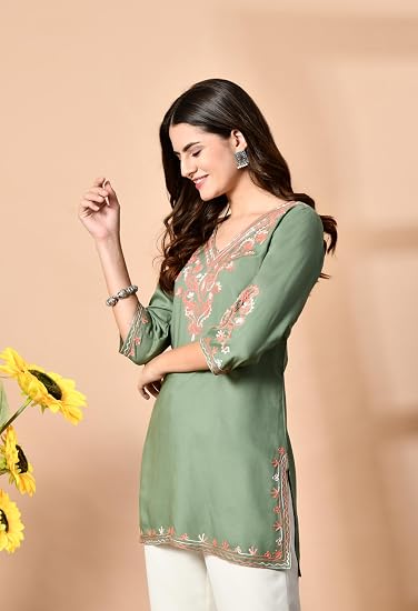 Embroidered Kashmiri Short Kurti -Pista
