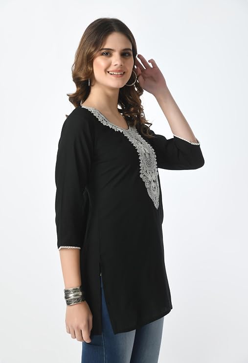 LIBOZA Women's Pure Cotton Flex Print Short Kurti, Full Umbrella Sleeves, Navy Blue and Black, Casual and Office Wear