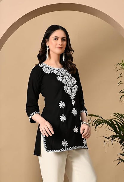 LIBOZA Women's Chikankari Embroidered Short Kurti, Rayon Fabric, Three-Quarter Sleeves, Available in Pink, Black, Mustard Yellow, White, Pista and Green