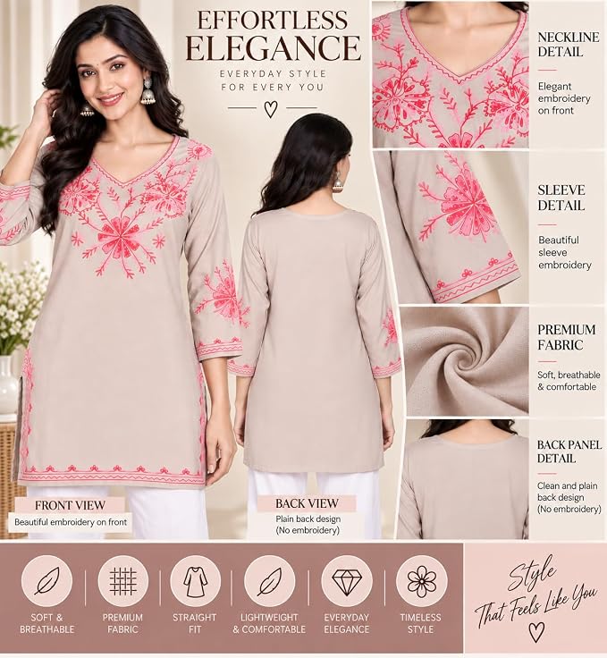 LIBOZA Embroidered Kashmiri Tunic Top, Short Kurti for Women on Jeans, V-Neck, 3/4 Sleeve, Floral Design,