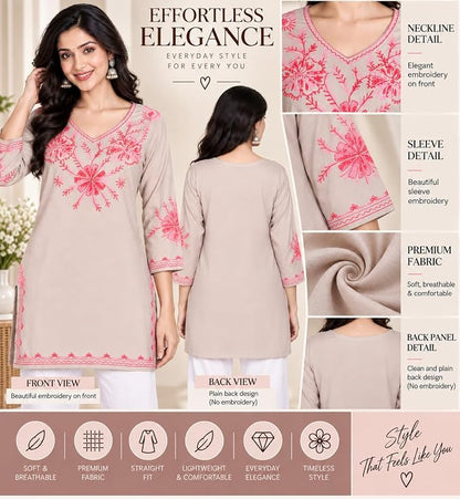 LIBOZA Embroidered Kashmiri Tunic Top, Short Kurti for Women on Jeans, V-Neck, 3/4 Sleeve, Floral Design,