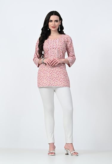 Jaipuri Round Neck Women's Tunic Design Kurta-Pink