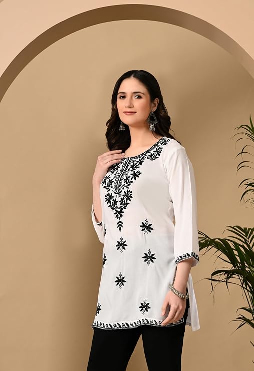 LIBOZA Women's Chikankari Embroidered Short Kurti, Rayon Fabric, Three-Quarter Sleeves, Available in Pink, Black, Mustard Yellow, White, Pista and Green