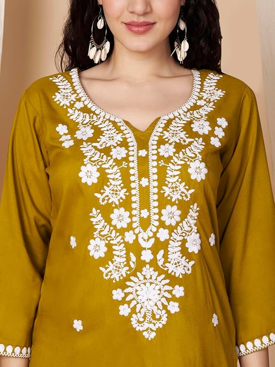 Short Kurti for Women for Jeans, Chikankari Kurtis for Ladies, Lakhnavi V- Neck Women's Tunic Design Kurta, Floral Kurtas & Tunics for Woman
