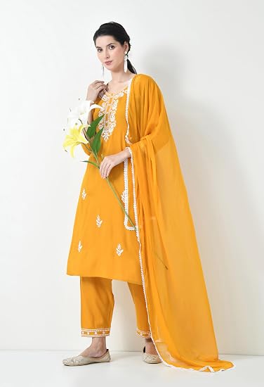Chikankari Kurta Set for Women-Yellow