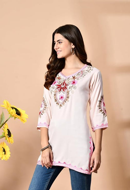 LIBOZA Embroidered Kashmiri Tunic Top, Short Kurti for Women on Jeans, V-Neck, 3/4 Sleeve, Floral Design,