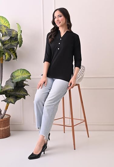 Women Cotton Short Kurta V-Neck with Button-Black