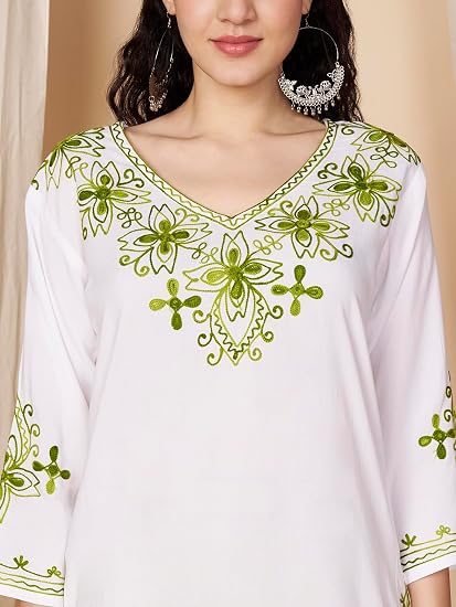 Embroidered Chikankari Kurti for Women - White Green