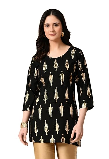 Gold printed Short Kurti for Women-Black