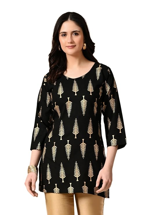 LIBOZA Short Kurti for Women for Jeans, Rayon Cotton Kurtis for Ladies, Gold Printed U Neck Women's Tunic Design Kurta, Top Floral Kurtas for Woman