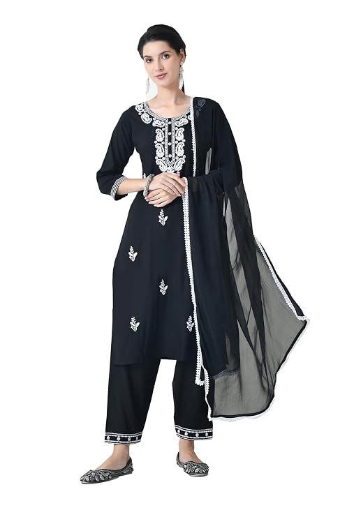 LIBOZA Chikankari Kurta Set for Women, Royon Cotton Straight Design Salwar Suit for Wedding, Diwali & Festival Kurti Pant With Dupatta, Suits Sets for Girls (IN, Alpha, 2XL, BLACK)