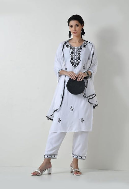 LIBOZA Chikankari Kurta Set for Women, Royon Cotton Straight Design Salwar Suit for Wedding, Diwali & Festival Kurti Pant With Dupatta, Suits Sets for Girls (IN, Alpha, 2XL, WHITE)
