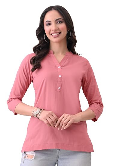 Women Cotton Short Kurta V-Neck with Button-Pink