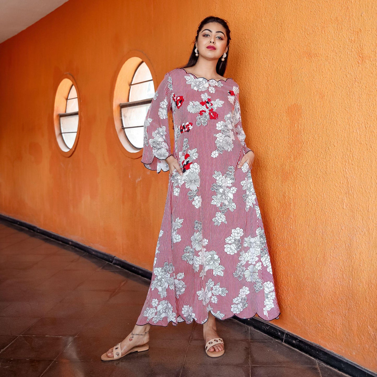 Red Stripe Scallop Maxi Dress - Ambraee