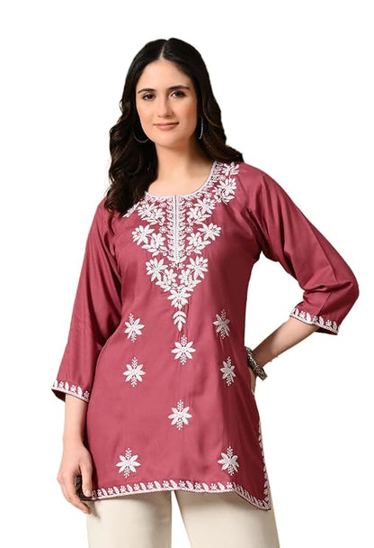 LIBOZA Women's Chikankari Embroidered Short Kurti, Rayon Fabric, Three-Quarter Sleeves, Available in Pink, Black, Mustard Yellow, White, Pista and Green