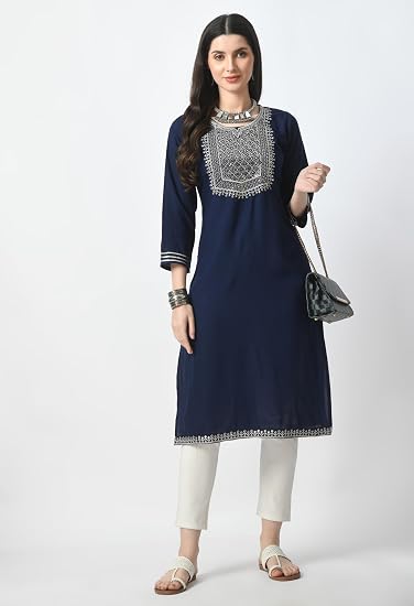 Embroidered Straight Design Kurtis for Woman-Navy Blue
