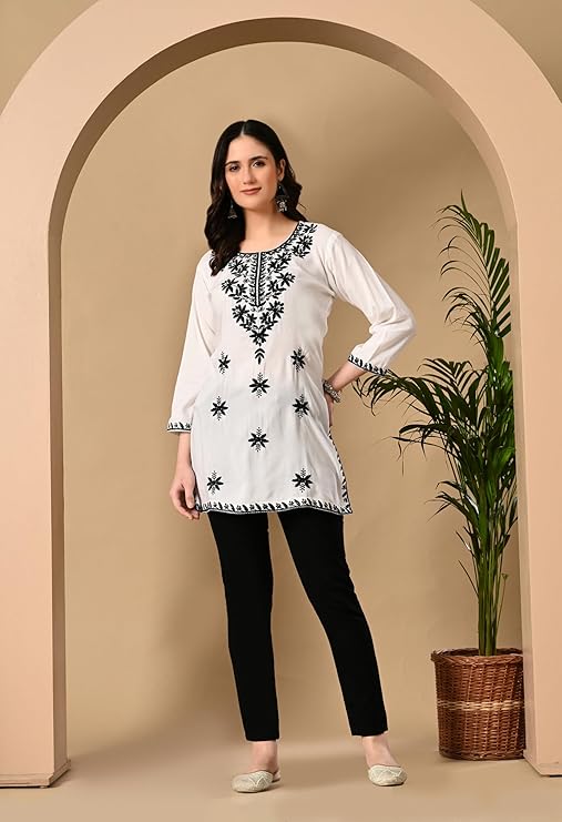 LIBOZA Women's Chikankari Embroidered Short Kurti, Rayon Fabric, Three-Quarter Sleeves, Available in Pink, Black, Mustard Yellow, White, Pista and Green