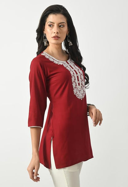 LIBOZA Short Kurta for Women – Lakhnowi Chikankari Embroidered Ladies Kurti, Ethnic Half Kurtas, Stylish Girls Top, Tunic Design Woman Kurtis
