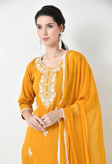 Chikankari Kurta Set for Women-Yellow