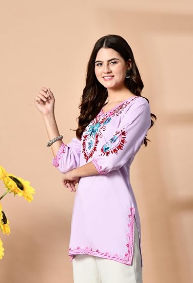 Embroidered Kashmiri Short Kurti -Lavender