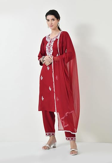 Chikankari Kurta Set for Women-Red