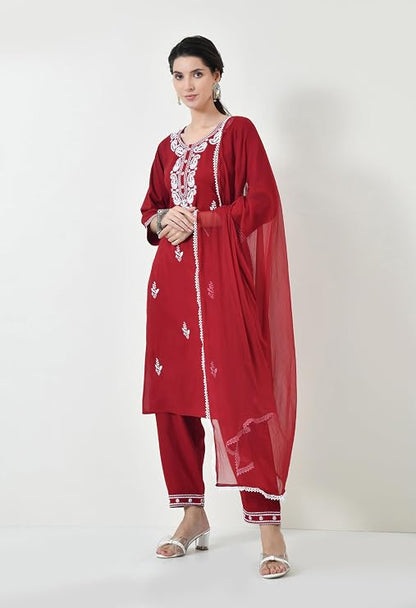 LIBOZA Chikankari Kurta Set for Women, Royon Cotton Straight Design Salwar Suit for Wedding, Diwali & Festival Kurti Pant With Dupatta, Suits Sets for Girls (IN, Alpha, 2XL, RED)