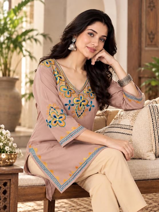 LIBOZA Embroidered Kashmiri Tunic Top, Short Kurti for Women on Jeans, V-Neck, 3/4 Sleeve, Floral Design,