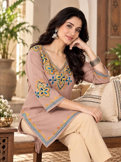 LIBOZA Embroidered Kashmiri Tunic Top, Short Kurti for Women on Jeans, V-Neck, 3/4 Sleeve, Floral Design,