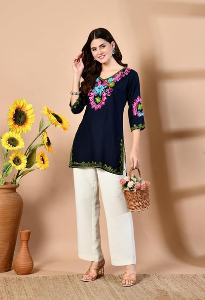 LIBOZA Embroidered Kashmiri Tunic Top, Short Kurti for Women on Jeans, V-Neck, 3/4 Sleeve, Floral Design,
