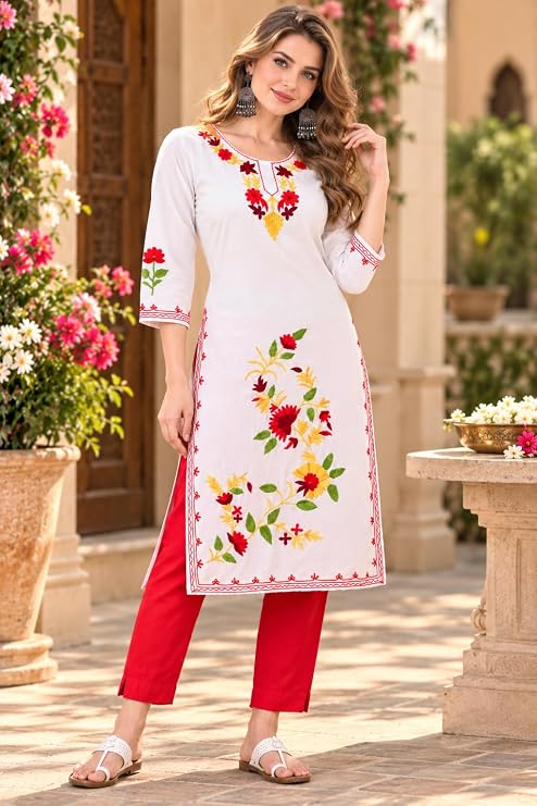 LIBOZA Summer Kurti for Women - Long Lakhnavi Chikankari Kurta, Stylish Straight Womens Kurtas for College Girls, Ladies Traditional Top Simple Colored Embroidery