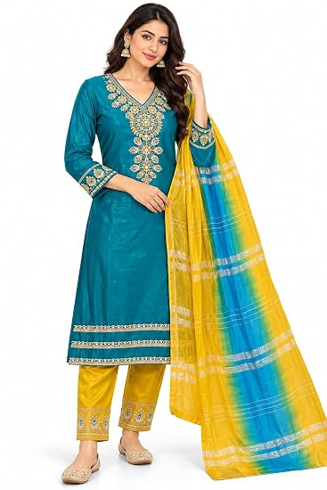 LIBOZA Women Kurta Pant Set with Dupatta Roman Glass Fabric-Teal