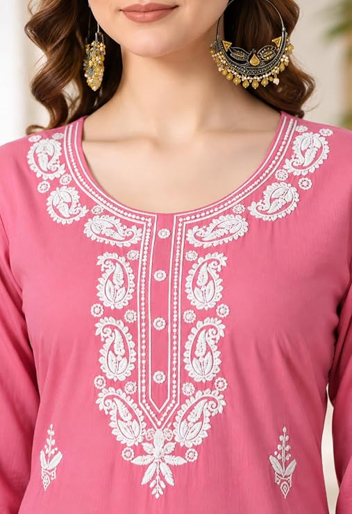 LIBOZA Kurta for Women – Lakhnowi Chikankari Embroidered Ladies Kurti, Stylish Girls Top, Ethnic Full Kurtas, Straight Design Kurtis for Woman