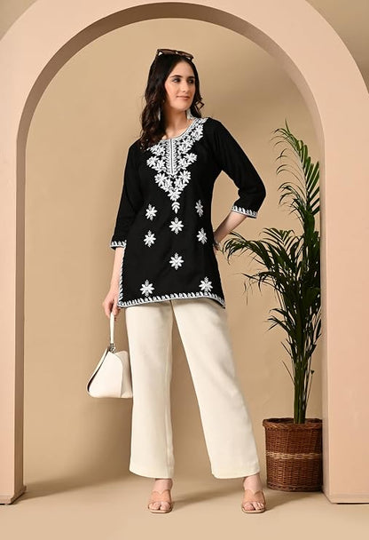 LIBOZA Women's Chikankari Embroidered Short Kurti, Rayon Fabric, Three-Quarter Sleeves, Available in Pink, Black, Mustard Yellow, White, Pista and Green