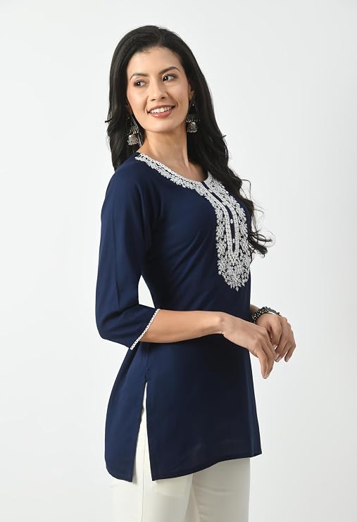 LIBOZA Short Kurta for Women – Lakhnowi Chikankari Embroidered Ladies Kurti, Ethnic Half Kurtas, Stylish Girls Top, Tunic Design Woman Kurtis Navy Blue