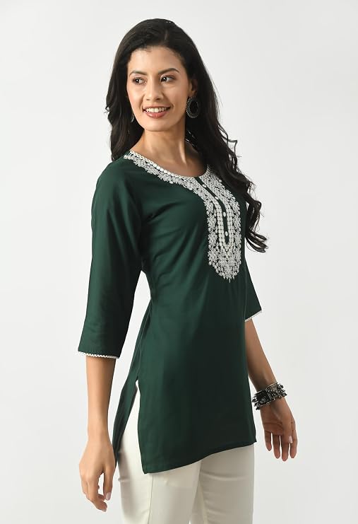 LIBOZA Short Kurta for Women – Lakhnowi Chikankari Embroidered Ladies Kurti, Ethnic Half Kurtas, Stylish Girls Top, Tunic Design Woman Kurtis Green
