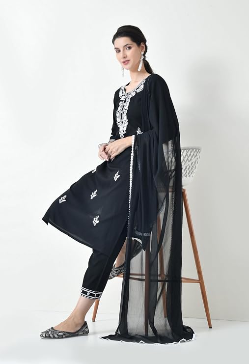 LIBOZA Chikankari Kurta Set for Women, Royon Cotton Straight Design Salwar Suit for Wedding, Diwali & Festival Kurti Pant With Dupatta, Suits Sets for Girls (IN, Alpha, 2XL, BLACK)