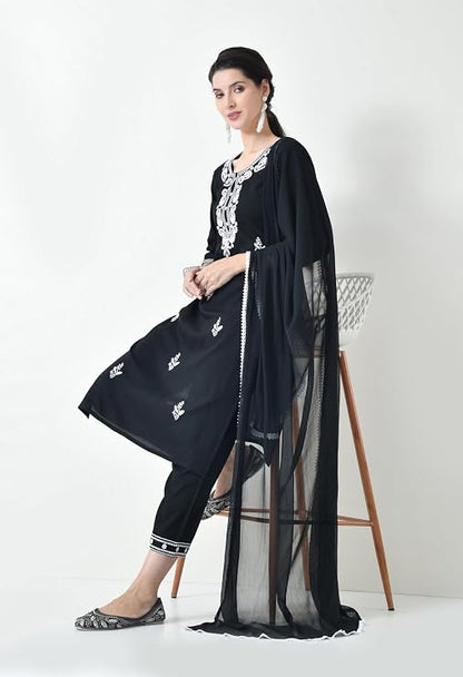 LIBOZA Chikankari Kurta Set for Women, Royon Cotton Straight Design Salwar Suit for Wedding, Diwali & Festival Kurti Pant With Dupatta, Suits Sets for Girls (IN, Alpha, 2XL, BLACK)