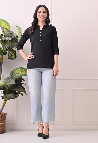 Women Cotton Short Kurta V-Neck with Button-Black