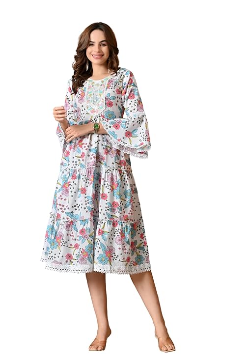 LIBOZA 100% Cotton Floral Print Tiered Midi Dress, Bell Sleeves, Lace Trim Detail, White and Multicolour for Women, Office, Party, All Occassions