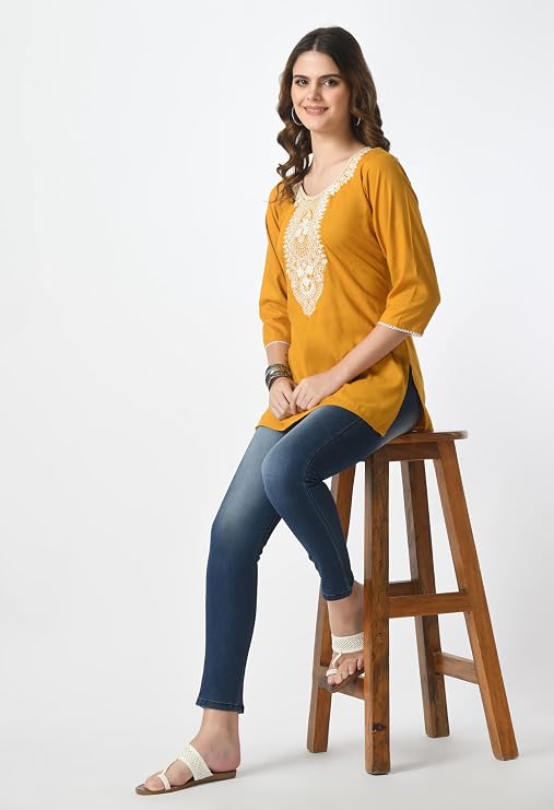LIBOZA Short Kurti for Women – Lakhnowi Chikankari Embroidered Ladies Kurta, Stylish Girls Top, Ethnic Half Kurtas, Tunic Design Woman Kurtis Mustard Yellow