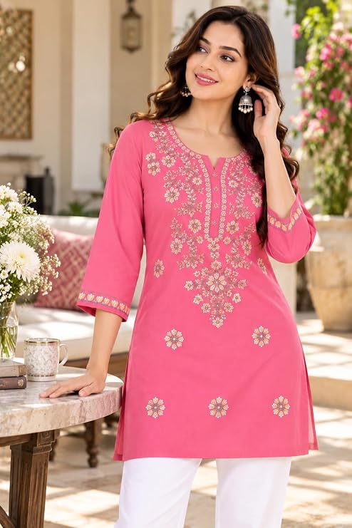LIBOZA Kurti for Women - Short Chikankari Kurtis for Girls, Lakhnawi Pink
