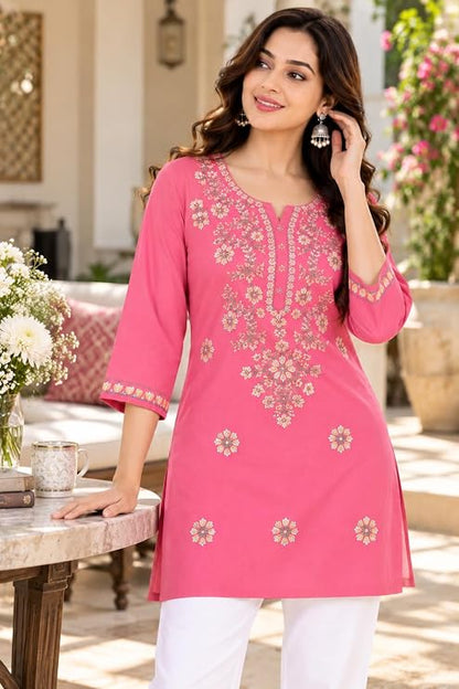 LIBOZA Kurti for Women - Short Chikankari Kurtis for Girls, Lakhnawi Pink